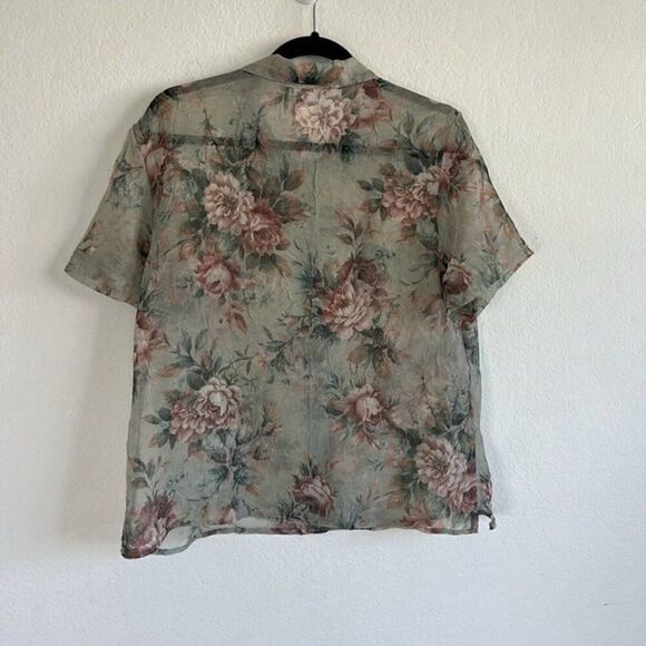 Blair Vintage 90s Women’s Semi Sheer Green Floral Button Front Blouse Size 16P - Picture 2 of 10